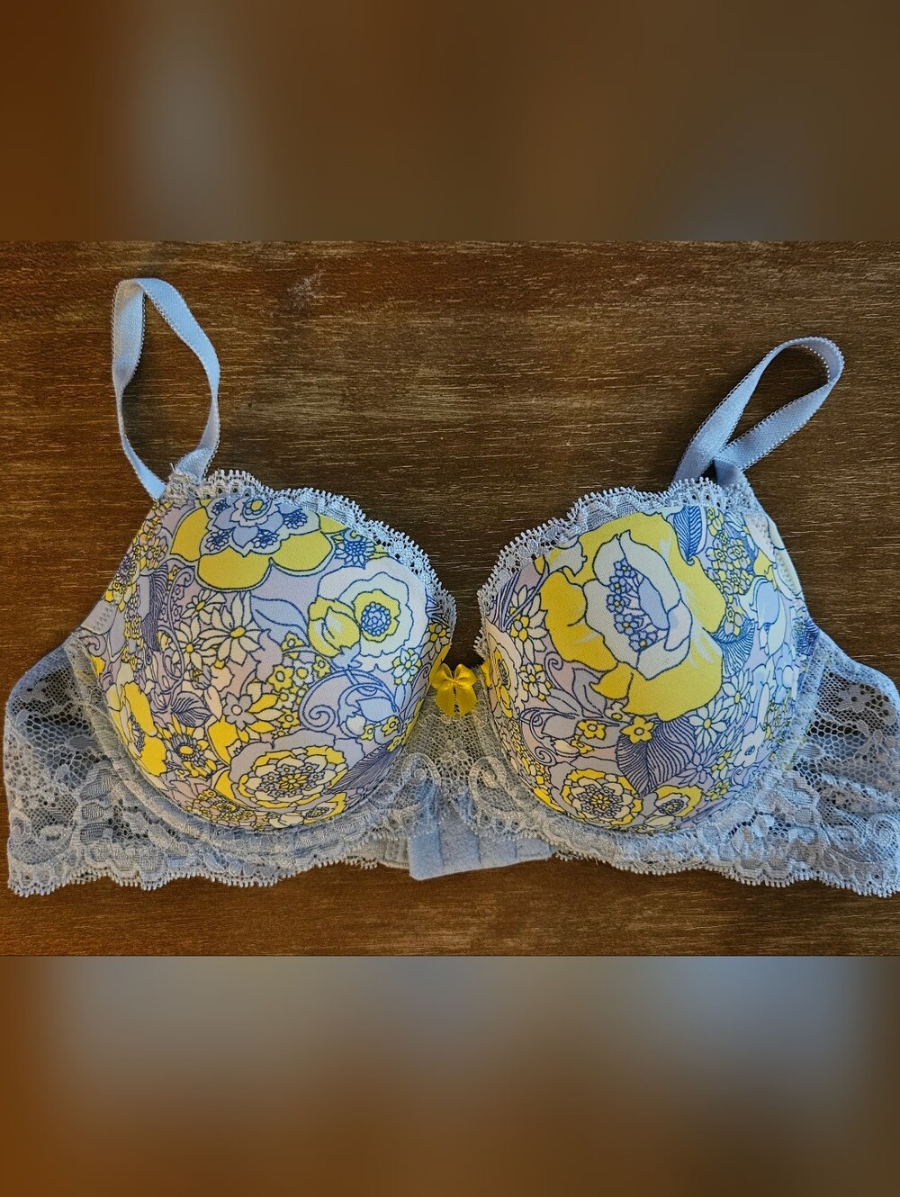 Victoria's Secret Blue Yellow Lace Floral Dream Angels Bra 34C Demi Lined Bra